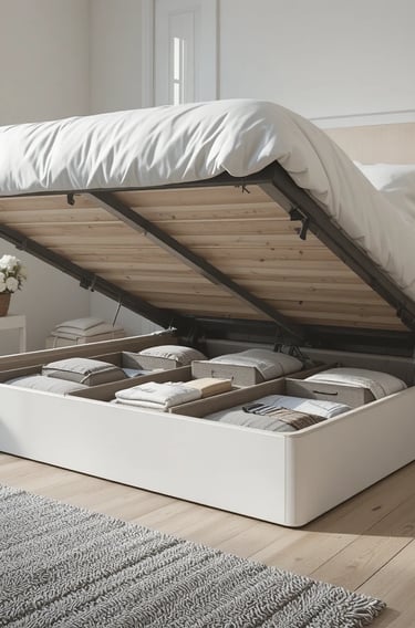 A modern small bedroom with a low bed frame slightly lifted to reveal neatly organized under-bed sto