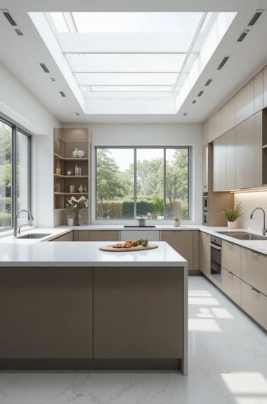 A sleek and airy L-shaped kitchen featuring a minimalist aesthetic
