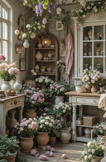 Romantic shabby chic garden corner filled with distressed clay pots, antique decor pieces, lace fabr