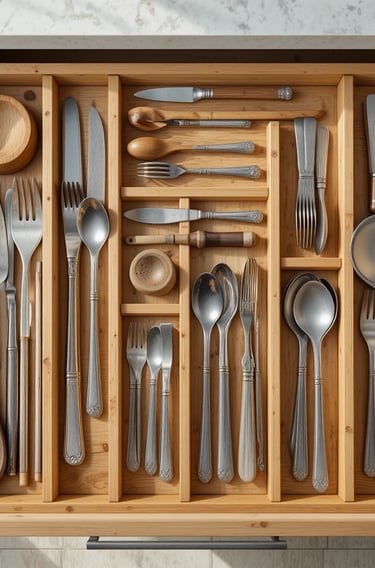 A top-down view of a perfectly organized kitchen drawer with bamboo dividers