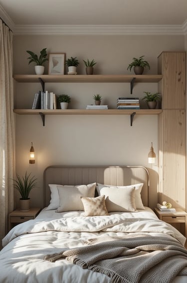 A stylish small bedroom utilizing vertical space with floating shelves above the bed