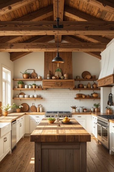 A warm farmhouse kitchen showcasing exposed reclaimed wood ceiling beams