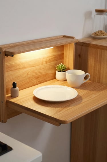 Tiny kitchen with foldable wooden wall-mounted table open, styled with a plate, cup, and small decor
