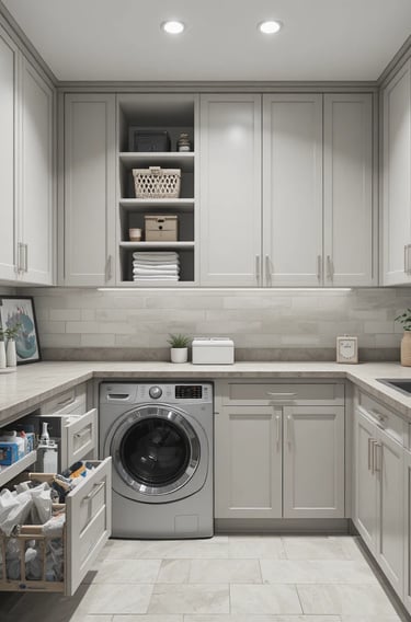 A minimalist laundry room with closed cabinets concealing storage, pull-out drawers slightly open sh