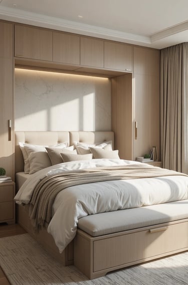 Compact bedroom featuring a bed with built-in storage drawers and a bench with hidden storage at the