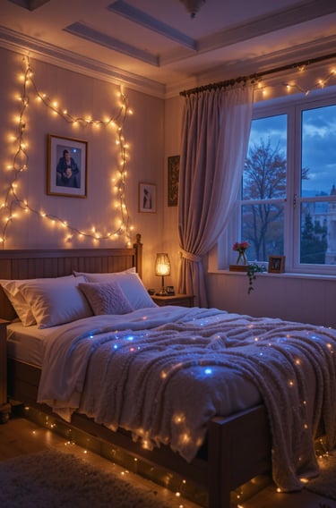 A small bedroom at night with warm layered lighting, fairy lights glowing softly around the bed
