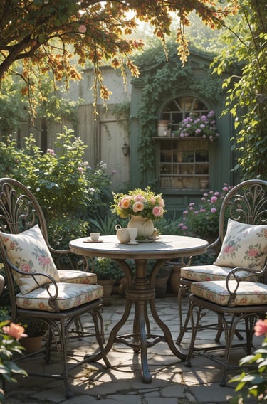 Charming outdoor seating area with wrought iron chairs and distressed wooden table