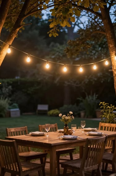 Outdoor backyard at dusk with warm string lights hanging across trees and above a wooden dining tabl