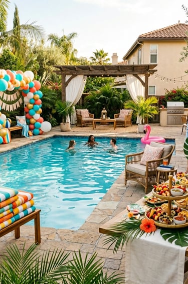  a bold color-coordinated towel and balloon display near the pool edge