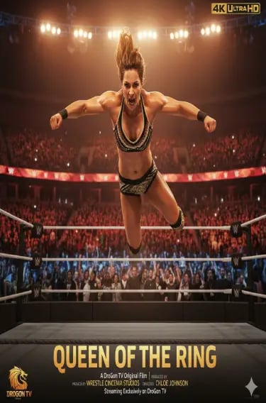 Female wrestler jumping from top ropes in a crowded arena for Queen of the Ring movie poster.