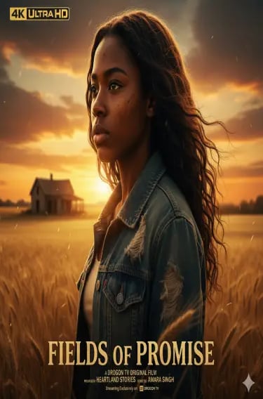 Fields of Promise movie poster featuring a young woman in a denim jacket standing in a golden wheat field at sunset.
