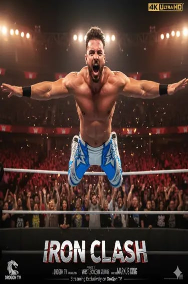 Professional wrestler jumping from the ropes during Iron Clash on DroGon TV in a packed arena.