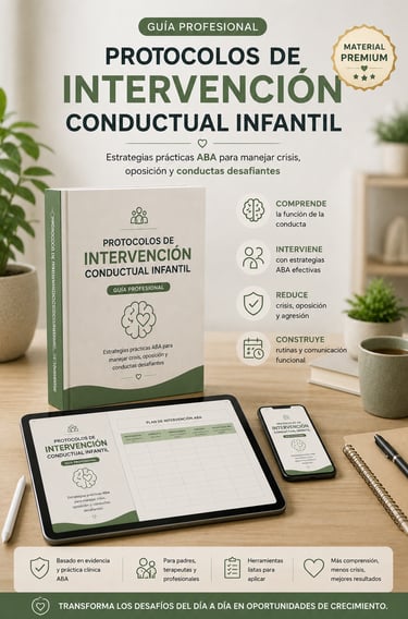 Guía profesional de protocolos de intervención conductual infantil con estrategias ABA para padres y terapeutas.