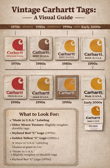 A visual guide to authentic vintage Carhartt clothing tags and logos from the 1970s to the early 2000s.