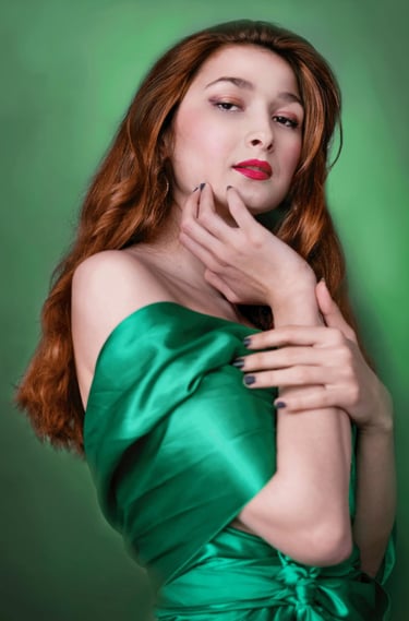 Painterly photo of a Turkish women with red hair and brown eyes in a green dress with a red lipstick