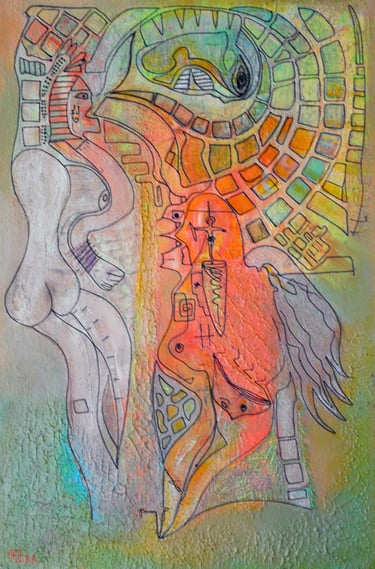 "Domaine" A raised paint line, expressing symbols of interconnection, by Kristina Lee