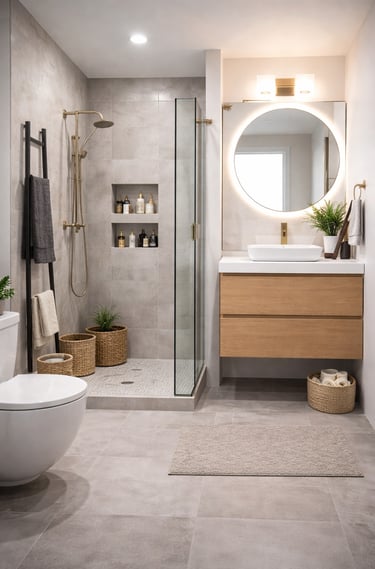 baño moderno pequeño con ducha y mueble suspendido