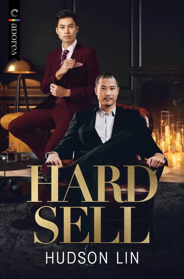 Book cover for Hard Sell by Hudson Lin featuring two stylish Asian men in suits in a luxury office.