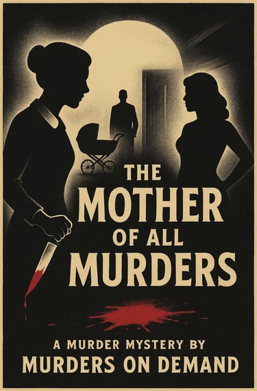 Vintage thriller poster for The Mother of All Murders mystery featuring silhouettes and a bloody knife.