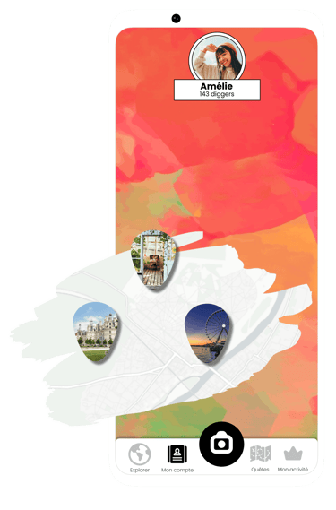 Capture d'écran de la page d'accueil de l'application Diggers représentant une carte occulté et des vignettes de photographie