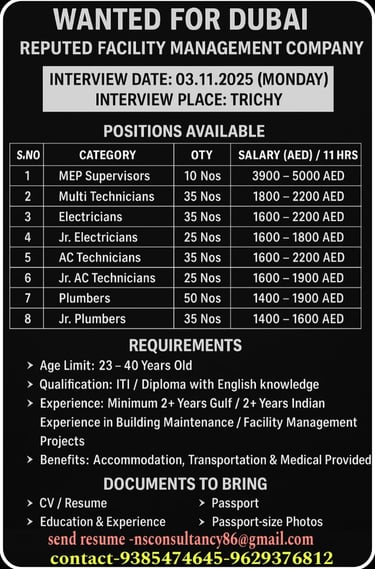 Job vacancy poster for Dubai facility management company — interview on 03.11.2025 in Trichy — openings for MEP Supervisors, 
