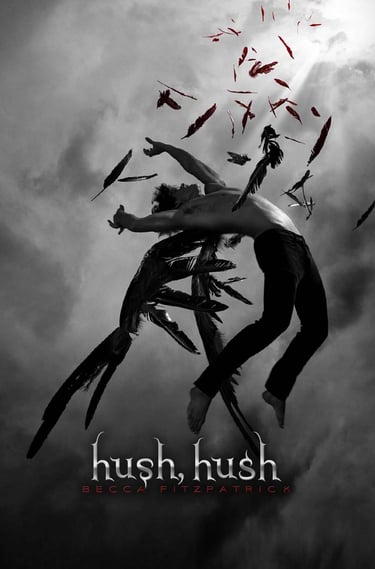 Book cover of Hush, Hush by Becca Fitzpatrick, showing a fallen angel with dark, tattered wings