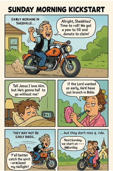 Mysterious, old comic page about a biker church and the origins of Saturday night gatherings.