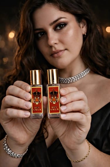 Woman holding REYAMUR extrait de parfum luxury bottle