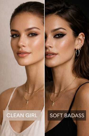 Comparison of clean girl makeup versus soft badass look featuring winged eyeliner and gold jewelry.