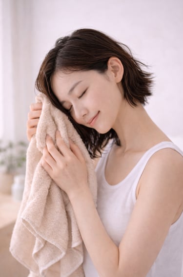 A woman gently drying wet hair with a towel after shower to prevent hair breakage