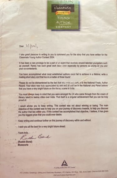 Letter signed by Ruskin Bond to Vipul Sharma for ITC Classmate Young Author Contest 2004