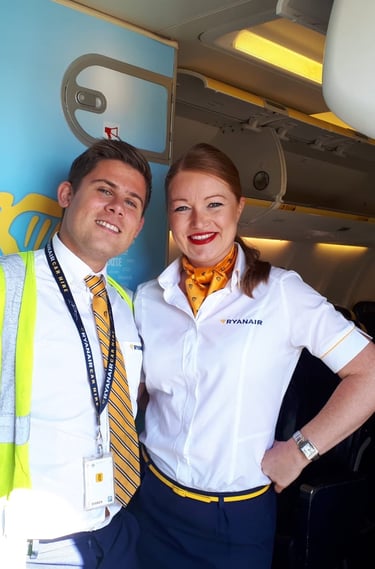 Marta Mackowiak as Ryanair flight attendant with colleague onboard aircraft
