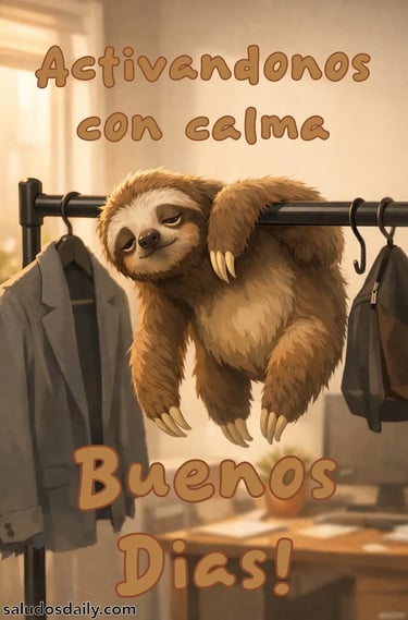 Ilustración semi realista de un perezoso colgado de una percha de oficina, con expresión somnolienta