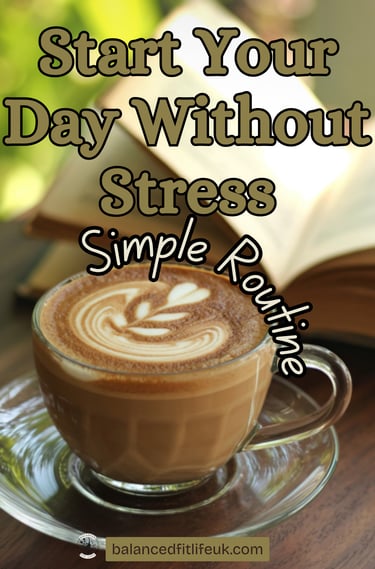 A cup of latte art coffee next to an open book with text about starting a stress-free morning routine.