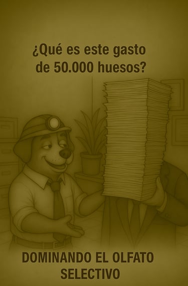 Ilustración de un perro con casco de minero preguntando '¿Qué es este gasto de 50.000 huesos?'. Otro