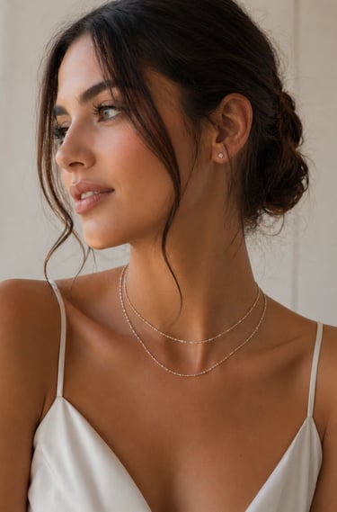 A model wears a delicate double-layered chain necklace and diamond stud earrings with a white silk dress.