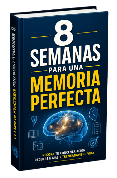 Hardcover book titled 8 Semanas para una Memoria Perfecta featuring a glowing brain illustration.