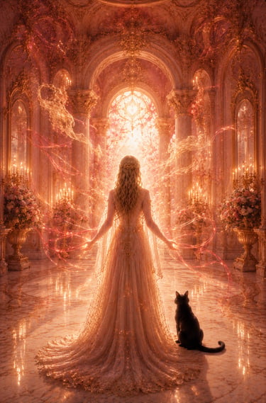 blonde woman in a golden hall with ribbons or light and chains suspended in the air with a black cat to her right