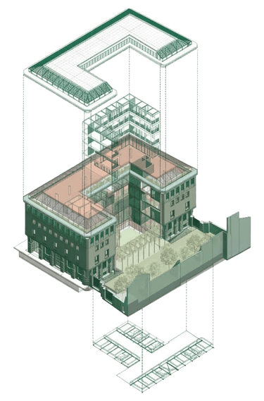 Vista tridimensionale assonometrica di Palazzo CorteVerdi con corte interna e terrazze verdi
