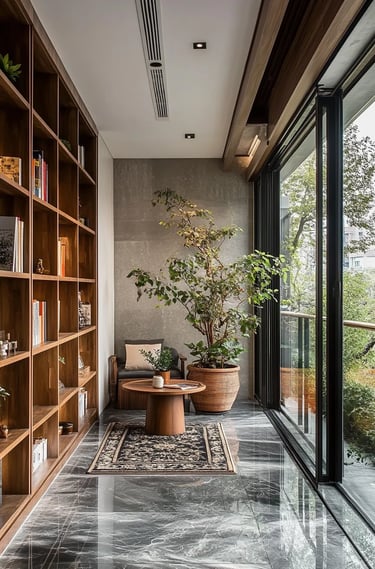 Everyday balcony reading corner with a comfortable chair, folded blanket, small coffee table, potted