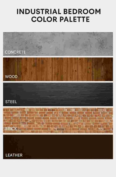Industrial bedroom color palette with concrete, steel, leather, brick, and wood tones