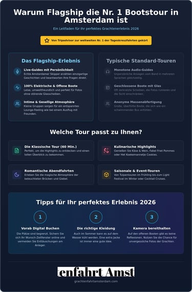 Infographic comparing Flagship Amsterdam canal cruises to standard boat tours with travel tips for 2026.
