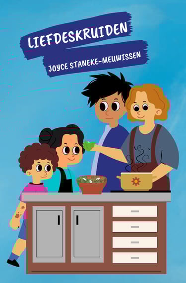 voorkant van boek liedjeskruiden met de ouders en de kinderen achter een keukeneiland