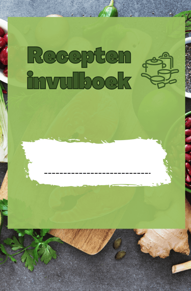 voorkant van recepten invulboek met een snijplank en ingrediënten
