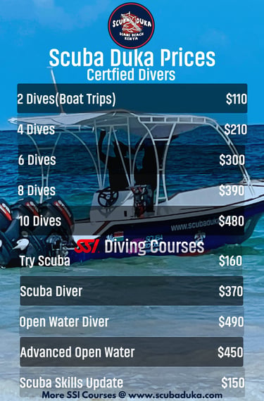 Scuba Duka price list for certified diving trips and SSI scuba diving courses in Diani Beach, Kenya.