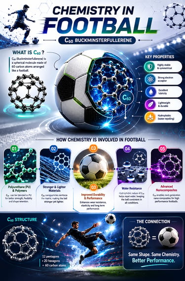 Infographic explaining chemistry in football using C60 buckminsterfullerene molecules for durable sports equipment.