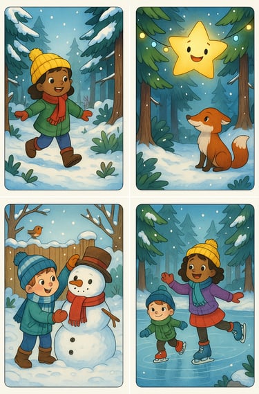 Vier Erzählkarten zur Sprachförderung. Lumi und Freunde im Winter