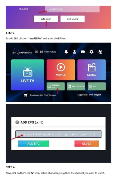 Step-by-step guide showing how to add M3U lines and install EPG on the IPTV Smarters app interface.