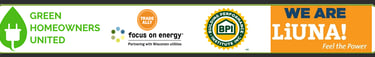 Affiliation logos for Green Homeowners United: Trade Ally, Focus on Energy, partnering with Wisconsi