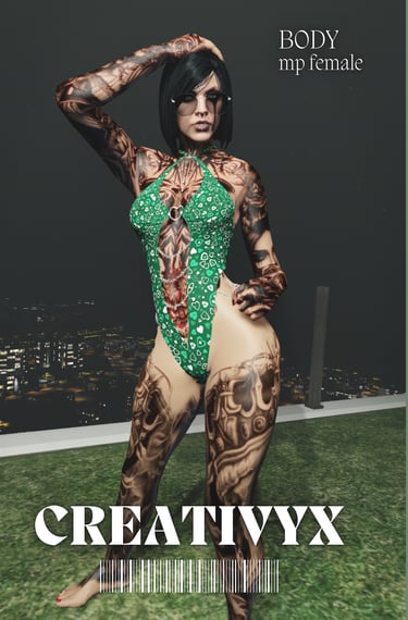 Tattooed woman with black hair posing in a green bodysuit